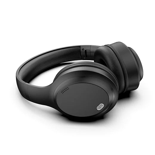 Black headphones on a white background
