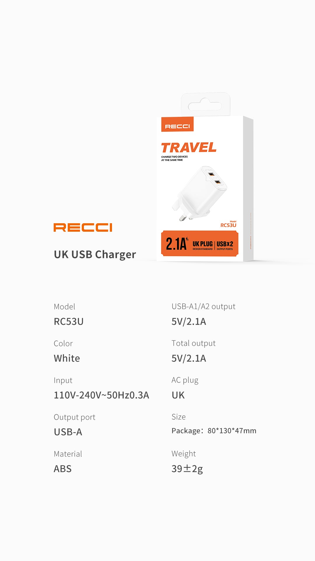 RECCI RC53U Dual USB Port Travel Charger