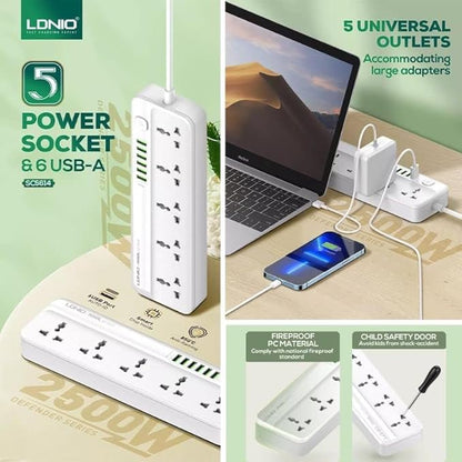 LDNIO SC5614 Power Strip with 5 Sockets, 2500W Max Load, 2 Meters