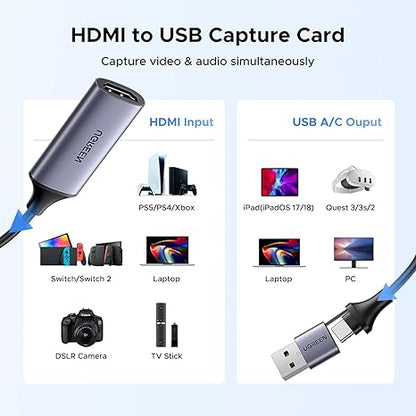 UGREEN 40189 HDMI to USB/USB-C Video Capture Card, 4K Input, 1080p Recording
