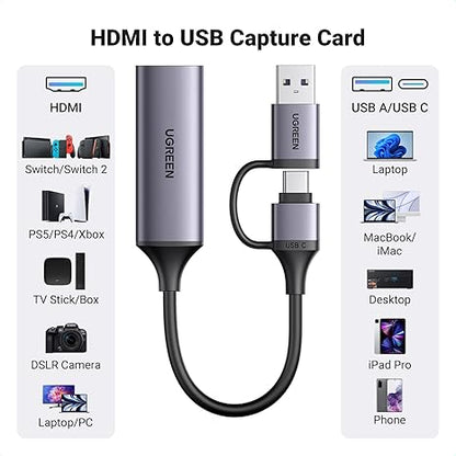 UGREEN 25854 HDMI to USB/USB-C Video Capture Card, 4K Input, 1080p Recording