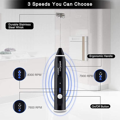 USB Rechargeable Handheld Milk Frother, 3-Speed Foam Maker with Egg Beater Attachment