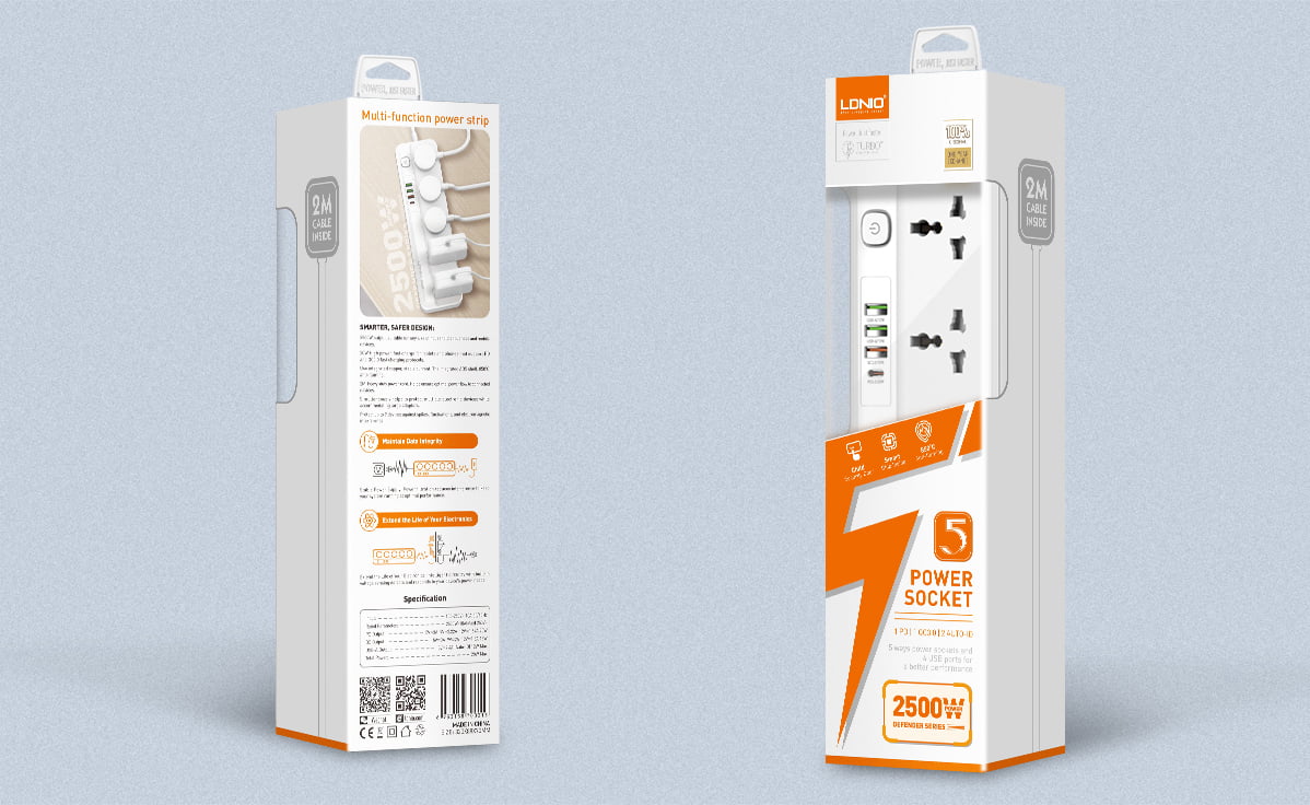 LDNIO SC5415 2500W 5 Power Socket 4 USB Port Multi Function Power Strip - 2M Cable