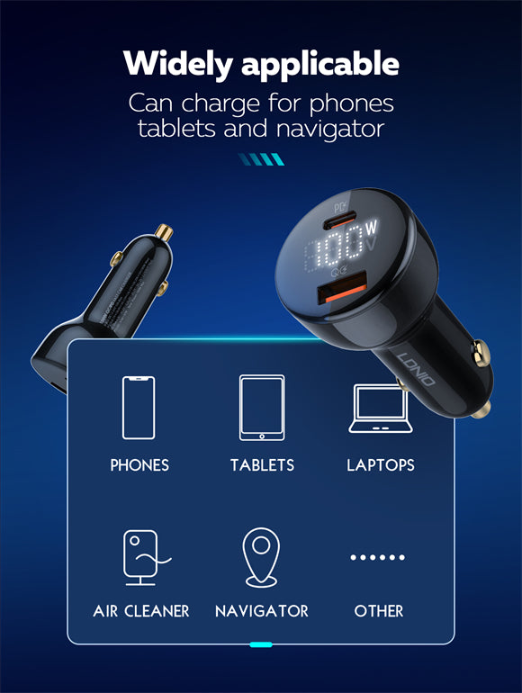 LDNIO C101 100W Fast Dual Charging, LED Display, Car Charger