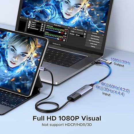 UGREEN 40189 HDMI to USB/USB-C Video Capture Card, 4K Input, 1080p Recording