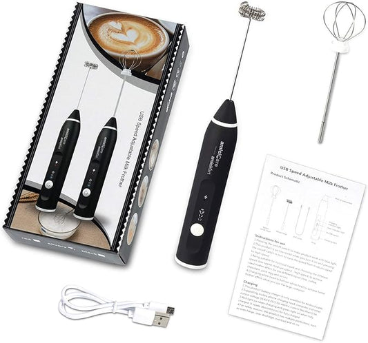 USB Rechargeable Handheld Milk Frother, 3-Speed Foam Maker with Egg Beater Attachment