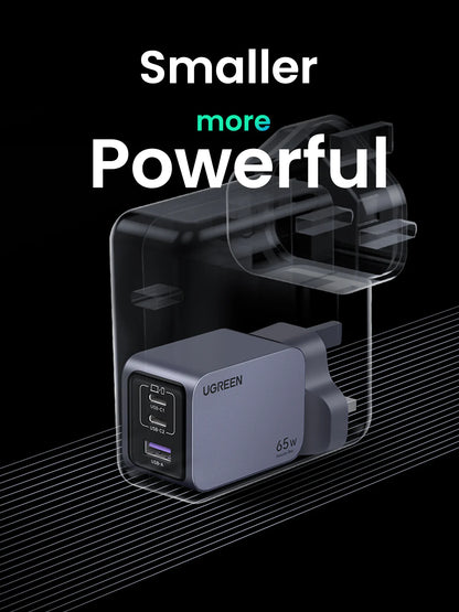 UGREEN Nexode Pro 65W 3 Port GaN Fast Charger, UK Plug + 100W Type C to Type C Cable