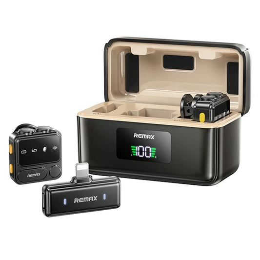 Remax electronic device set with transmitter, receiver, and charging case on a white background