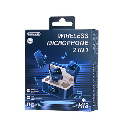 Box of Remax K18 wireless microphone on a white background