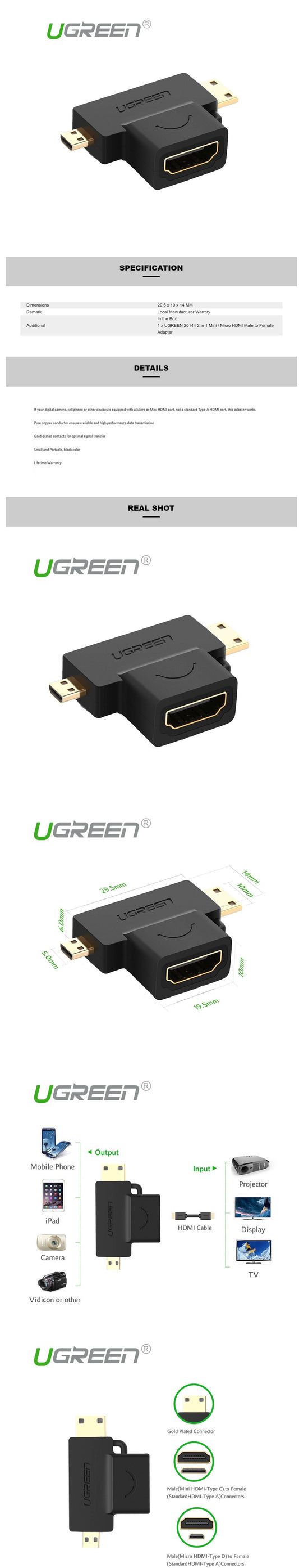 UGREEN 20144 Micro HDMI+Mini HDMI Male to HDMI Female Adapter