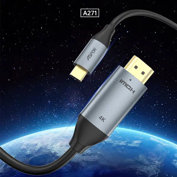 HDMI cable with Aspor branding against a space-themed background