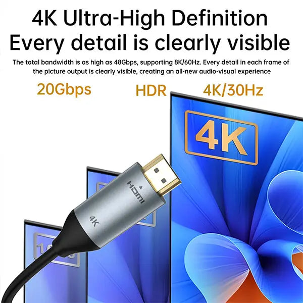 HDMI cable with 4K and HDR text on a white background