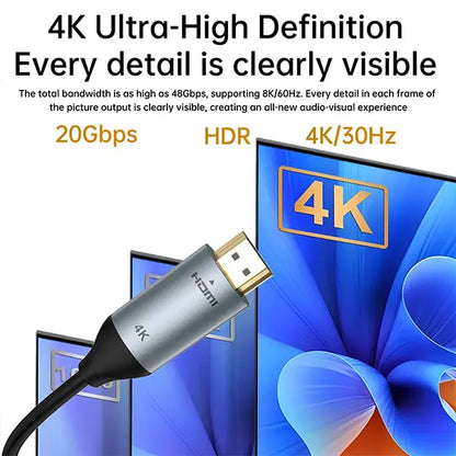 HDMI cable with 4K and HDR text on a white background