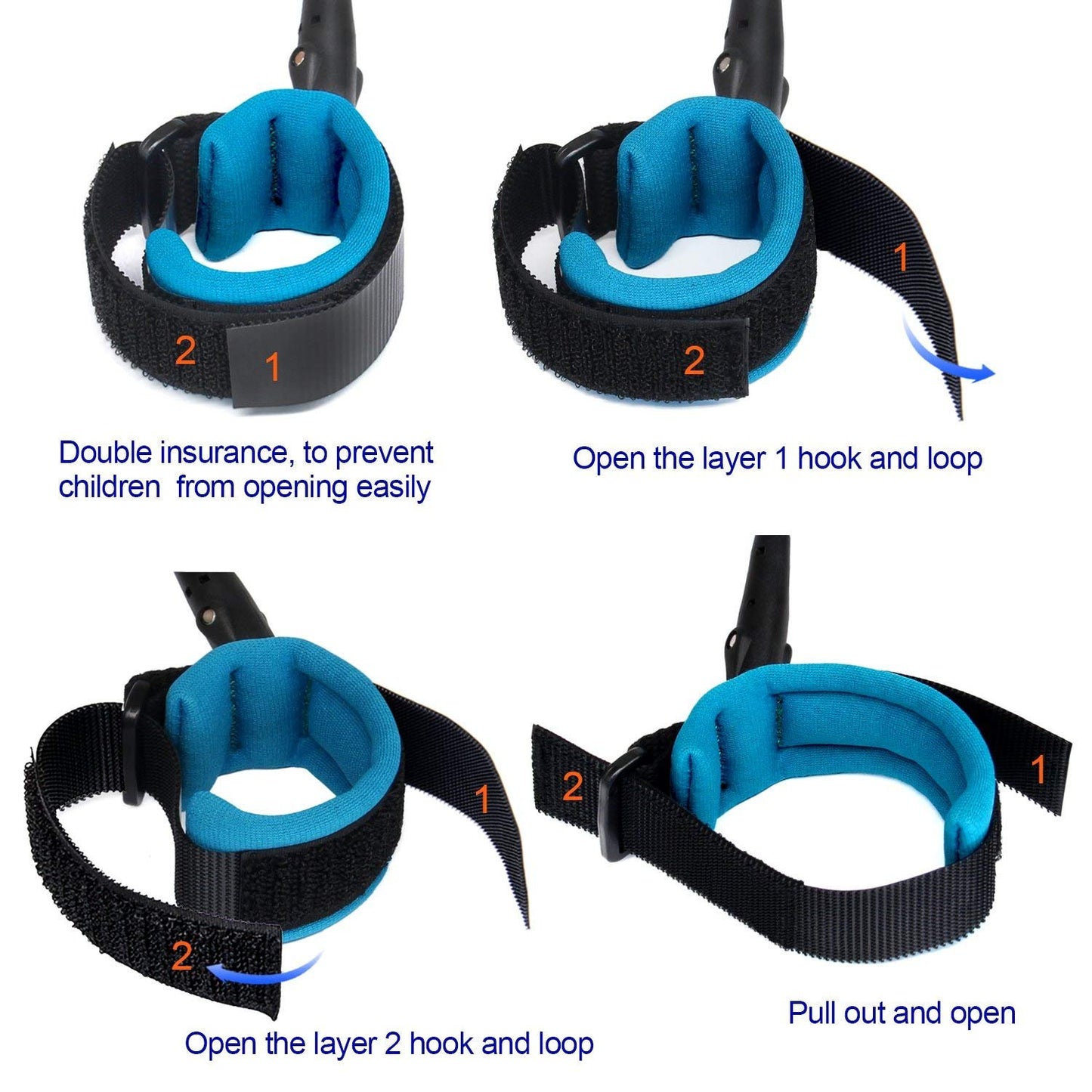 Instructions for using a blue and black strap with hook and loop fasteners on a white background.