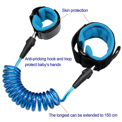 Blue wrist leashes with black connectors on a white background, featuring text on skin protection and extension length.