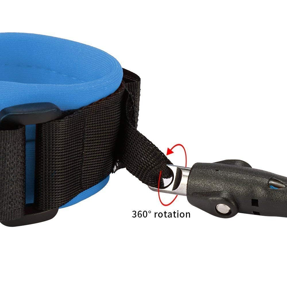 Blue car seat with black strap and 360-degree rotation feature on a white background