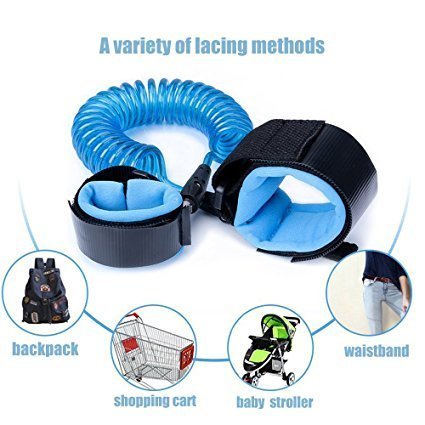 Blue and black lanyard with various usage examples on a white background