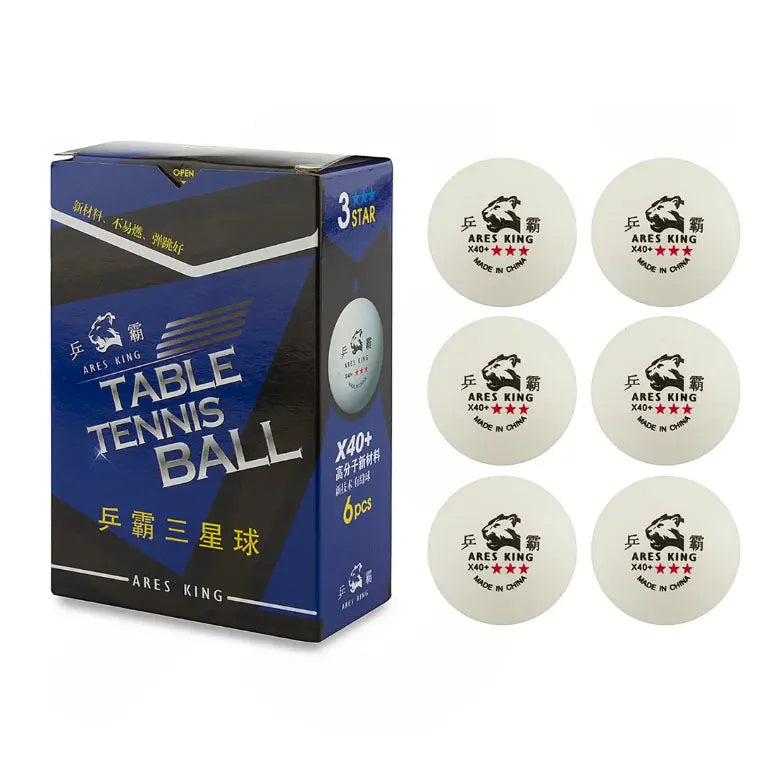 Box of Ares King table tennis balls with six balls displayed in front on a white background. Ares King Table Tennis Ball Digital kade Sri lanka lk