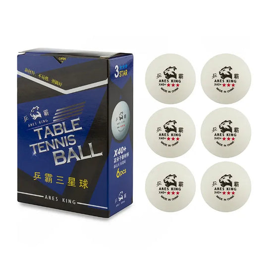 Box of Ares King table tennis balls with six balls displayed in front on a white background. Ares King Table Tennis Ball Digital kade Sri lanka lk