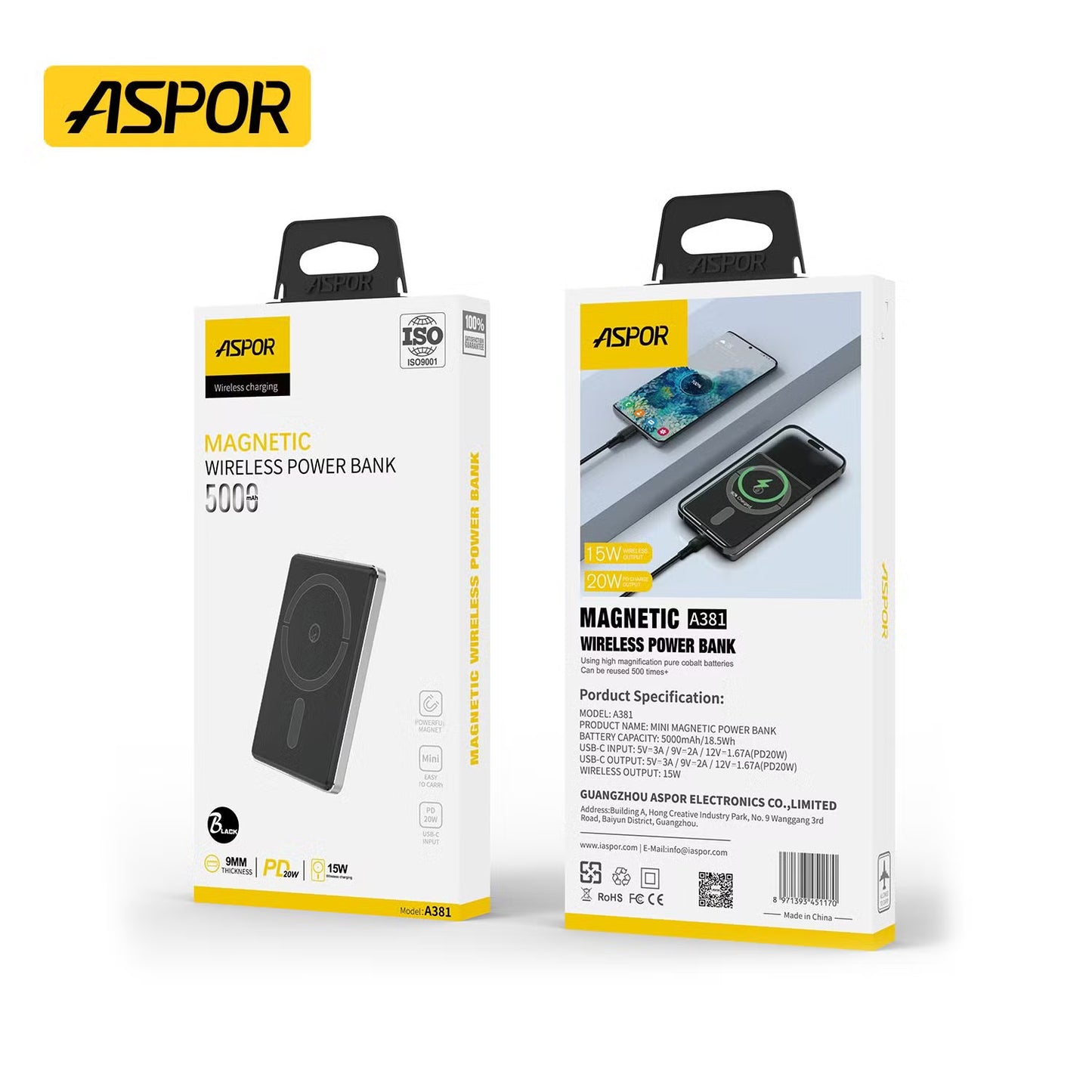 Aspor A382 20W Wireless Magnetic Portable Mini 10000mAh Power Bank