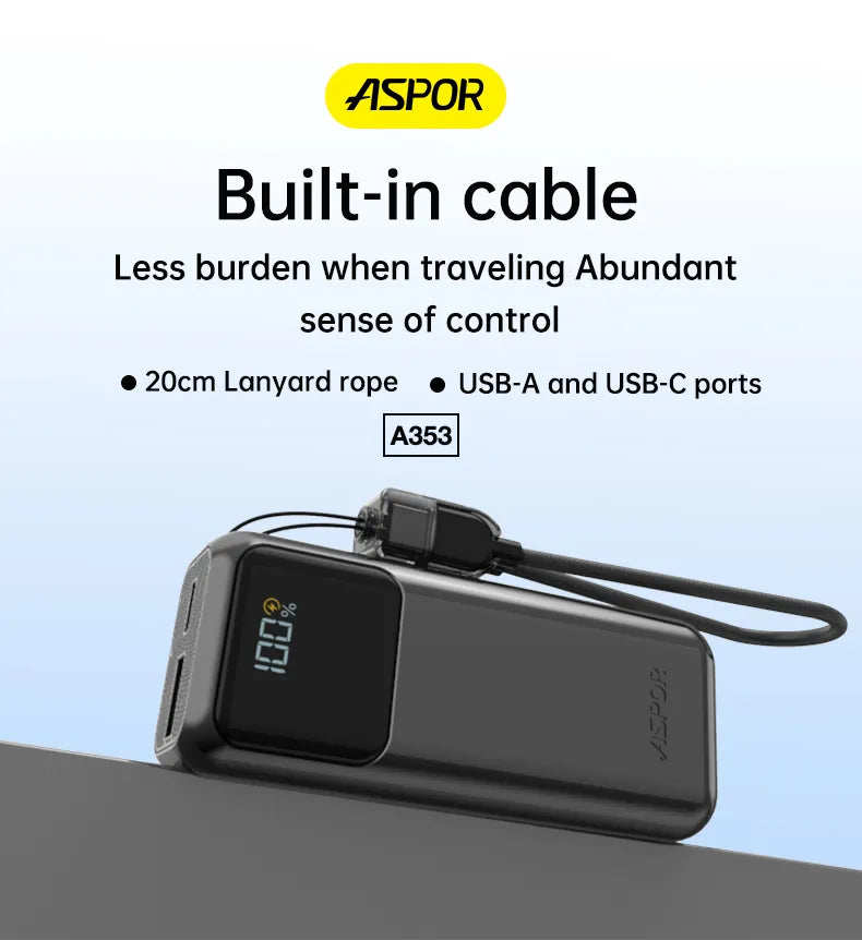 ASPOR power bank with built-in cable on a light blue background