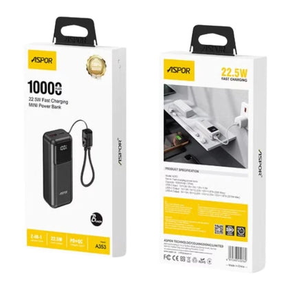 ASPOR power bank packaging with product and specifications on a white background