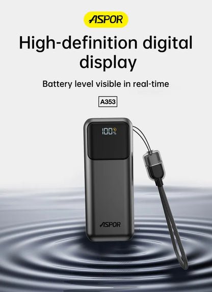 ASPOR power bank with digital display and cable on a white background