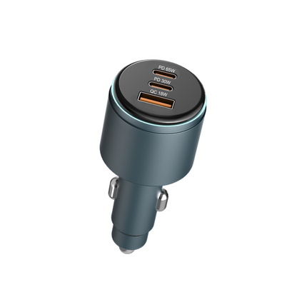 Car charger with multiple charging ports on a white background