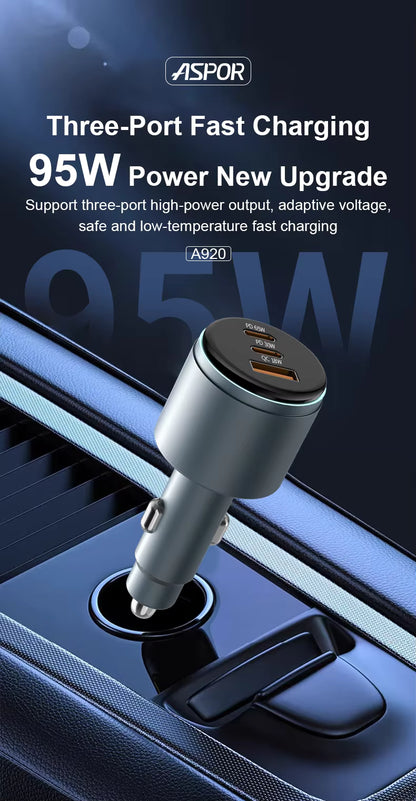 Car charger with three ports and 95W power output on a dark background, featuring the Aspor brand.
