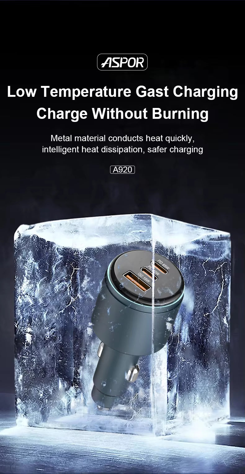 Car charger emerging from ice with Aspor branding and text about low temperature gast charging.