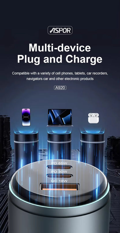 ASPOR multi-device charger with compatibility text on a dark background
