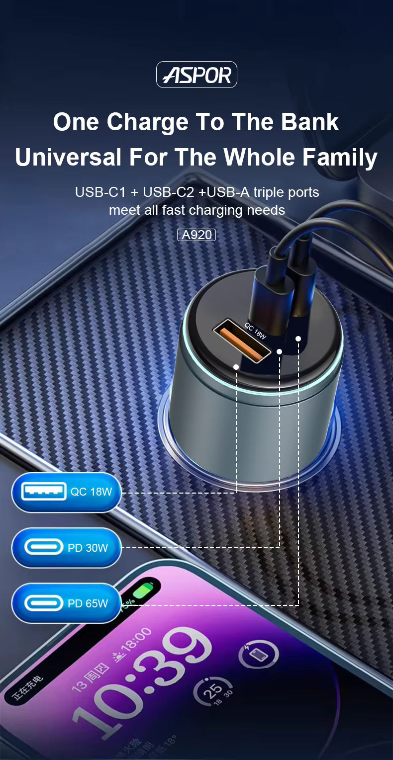ASPOR charger with multiple ports on a dark background