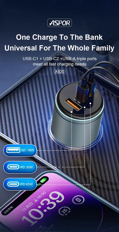 ASPOR charger with multiple ports on a dark background