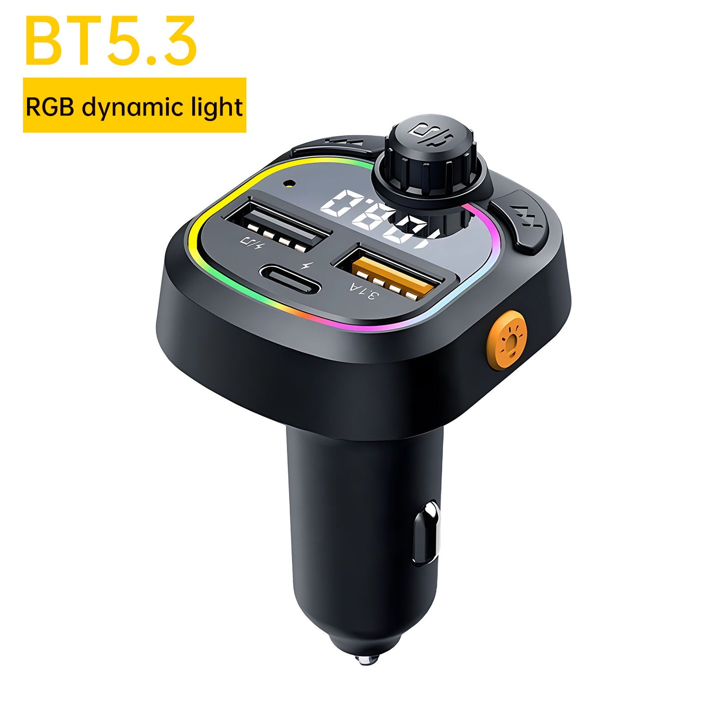 Black car charger with RGB dynamic light display on a white background
