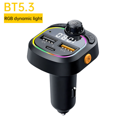 Black car charger with RGB dynamic light display on a white background