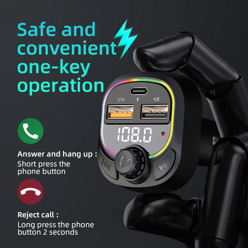 Car charger with Bluetooth control panel on a dark background