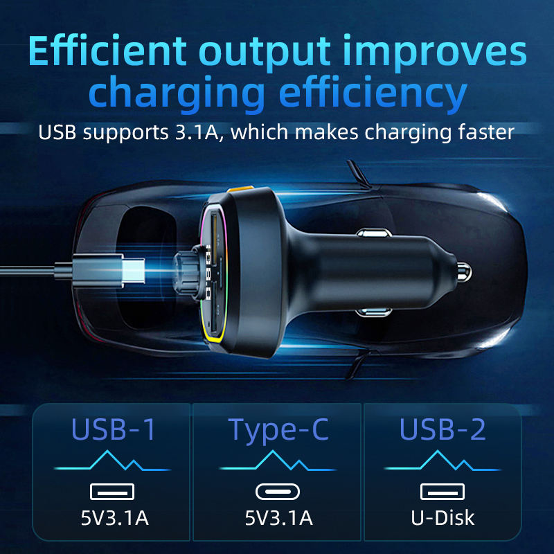 Car charger with USB and Type-C ports on a dark blue background