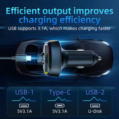 Car charger with USB and Type-C ports on a dark blue background