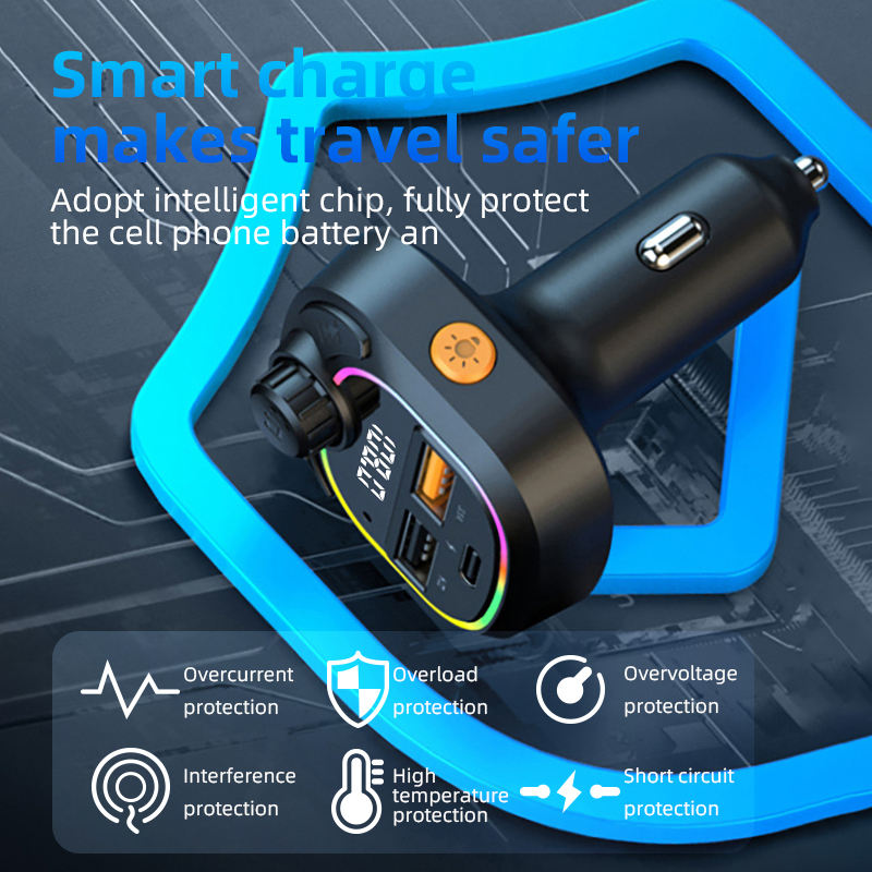 Smart car charger with protective features on a blue and black background