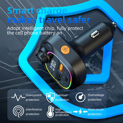 Smart car charger with protective features on a blue and black background
