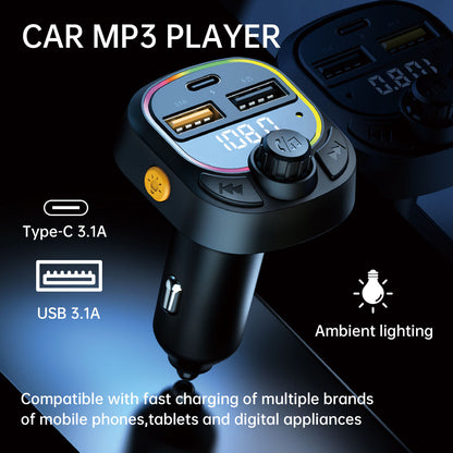Car MP3 player with charging ports and ambient lighting on a dark background