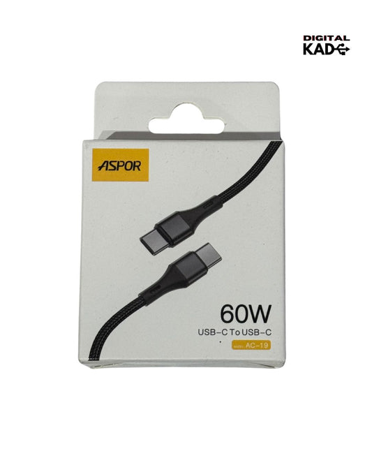 Packaged USB-C to USB-C cable with Aspor branding on a white background