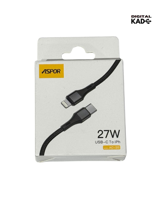 Packaged USB-C to iPhone cable with Aspor branding on a white background