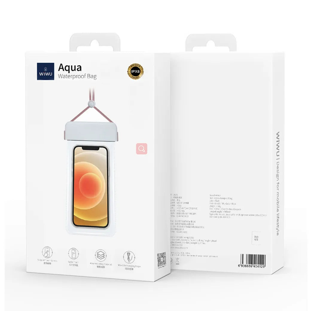 Packaging of a waterproof bag with an image of a smartphone on a white background