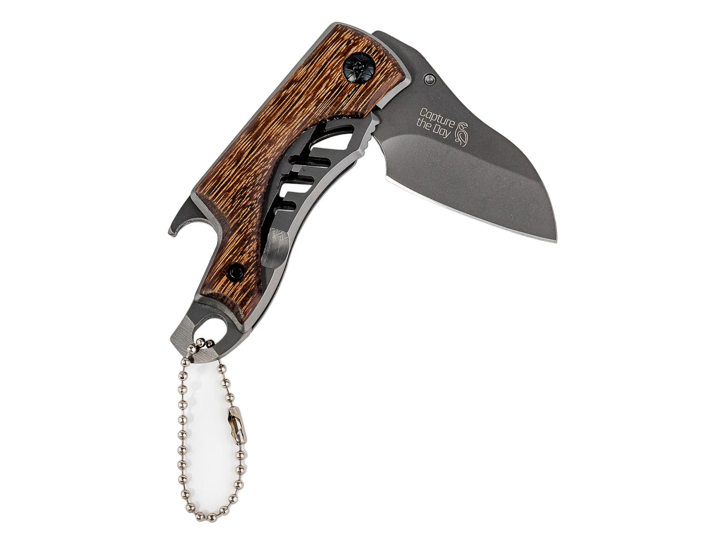 Folding knife with wooden handle and chain on a white background