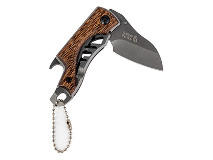 Folding knife with wooden handle and chain on a white background