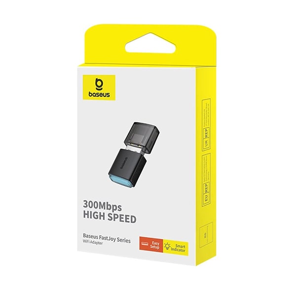 Baseus USB adapter packaging with yellow and white design on a white background