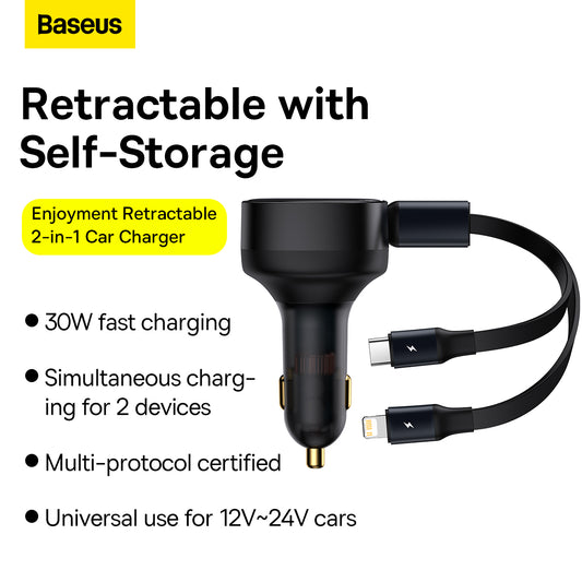Baseus Enjoyment Retractable 2-in-1 Car Charger, C+L 30W