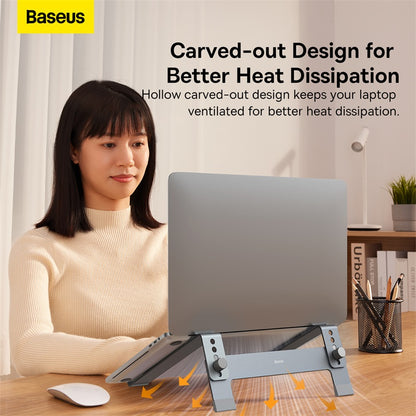 Person using a laptop on a stand with Baseus branding and text about heat dissipation.