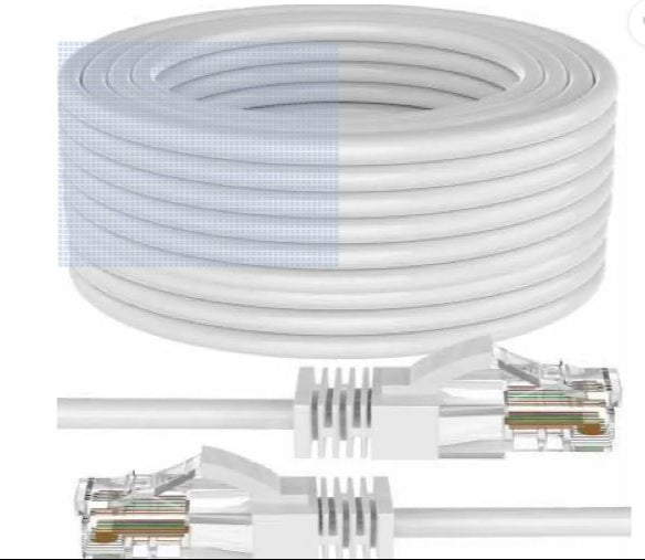 A white CAT6 Ethernet cable with RJ45 connectors on both ends